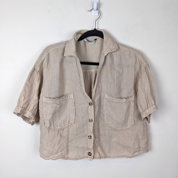 Zara cropped linen shirt beige small - Picture 3 of 6